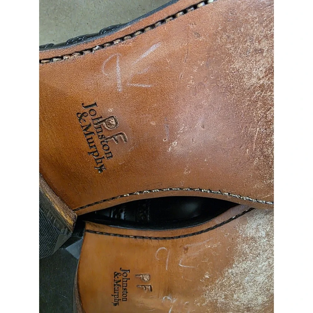 Johnston & Murphy (Sz 9 E/C) Leather Wingtip Oxford Black Dress Shoes Mens WIDE